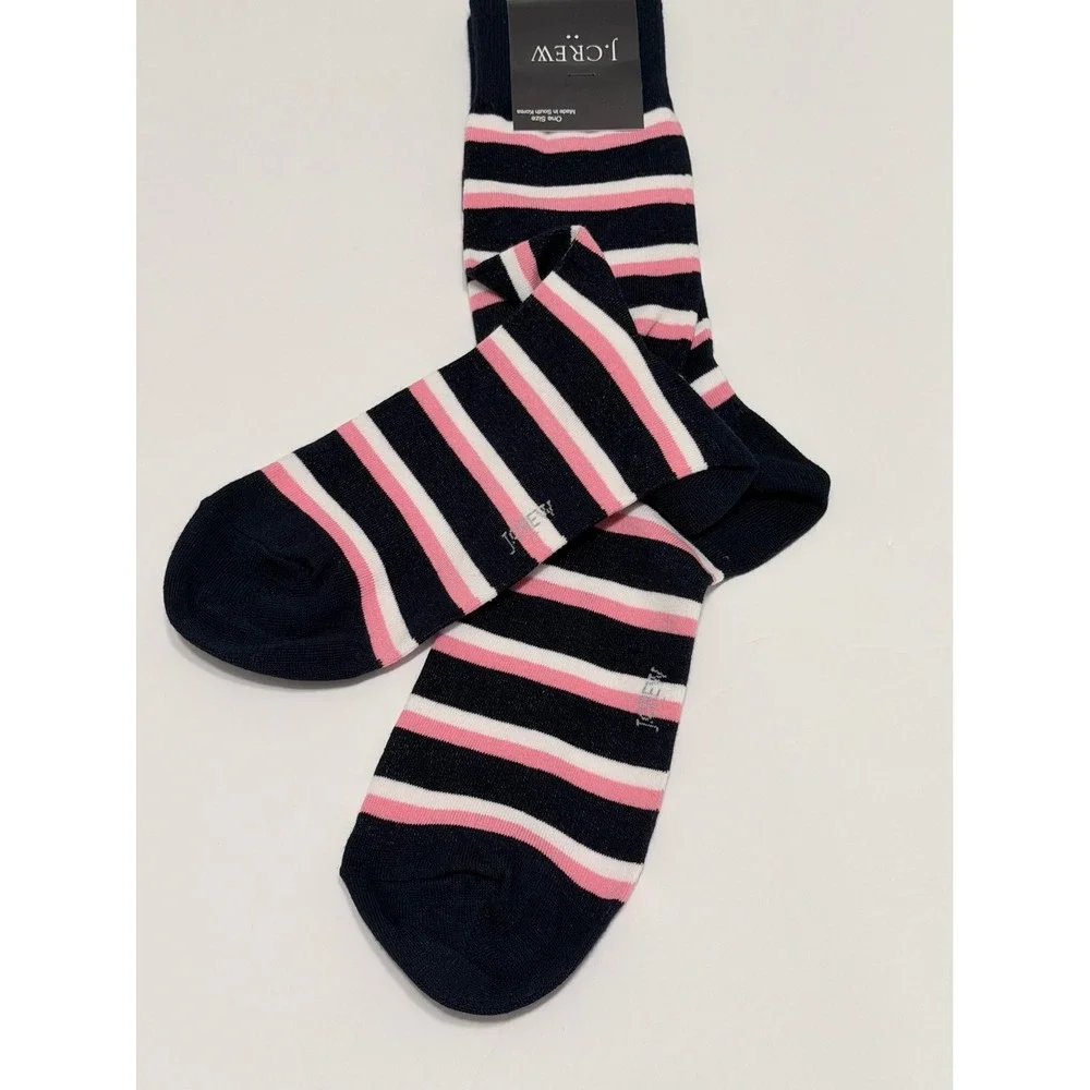 J.Crew Navy Pink White Striped Cotton Blend Crew Socks One Size BL8133